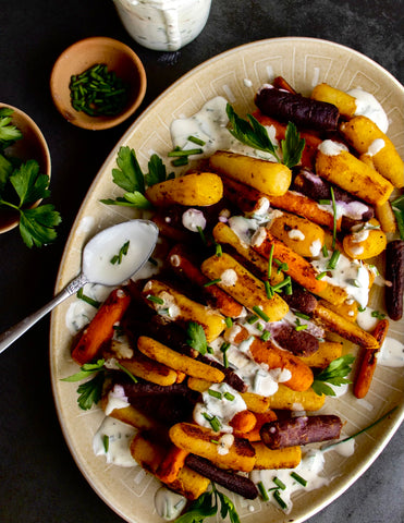 Roasted rainbow carrots with herb sauce